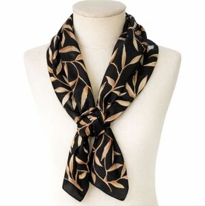 Y2K Long Silk Scarf Black Tan Leaf Print Hand Rolled Neck Hair Scarf